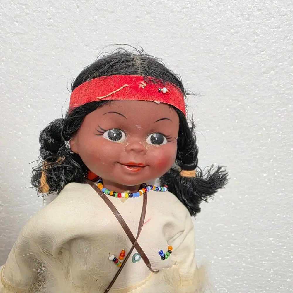 Vtg Native American Doll Holing Baby  Vynyl Hard Plastic Leather Fur Accent suit